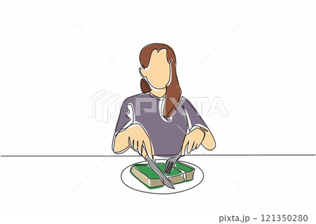 Continuous one line drawing a woman cuts thick book with fork and knife into several pieces. Interesting metaphor. Reading books gradually Edible Book Day. Single line draw design vector illustration Continuous one line drawing a woman cuts thick book with fork and knife into several pieces. Interesting metaphor. Reading books gradually Edible Book Day. Single line draw design vector illustration 121350280
