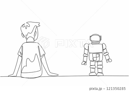 Single one line drawing man sitting on floor next to is a robot toy. Loyal friend all the time. Always accompany every moment. World Autism Awareness Day. Continuous line design graphic illustration 121350285