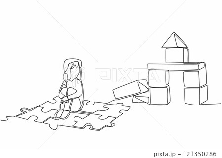 Continuous one line drawing girl sitting on a puzzle mat playing wooden blocks. Playing to kill time. Stay cheerful even alone. World Autism Awareness Day. Single line draw design vector illustration 121350286