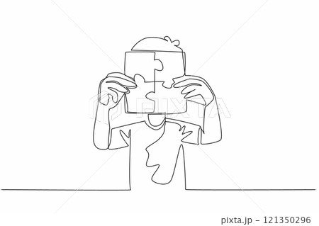 Single one line drawing boy holds with both hands 4 piece puzzle in the shape of box. His unique behavior. Posing covering face. World Autism Awareness Day. Continuous line design graphic illustration Single one line drawing boy holds with both hands 4 piece puzzle in the shape of box. His unique behavior. Posing covering face. World Autism Awareness Day. Continuous line design graphic illustration 121350296