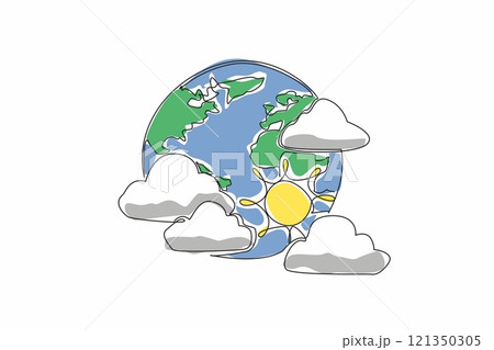 Single one line drawing the globe surrounded by several clouds and the sun. Experts predict the rainy season has not yet arrived. World Meteorological Day. Continuous line design graphic illustration Single one line drawing the globe surrounded by several clouds and the sun. Experts predict the rainy season has not yet arrived. World Meteorological Day. Continuous line design graphic illustration 121350305