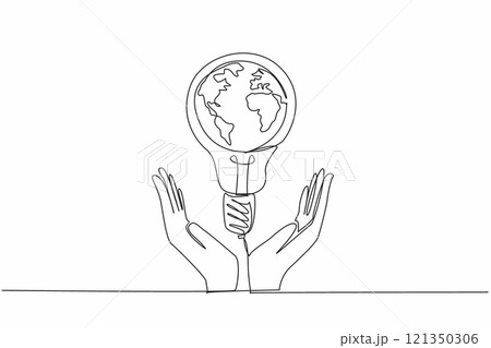 Single continuous line drawing bulb lamp is in the middle of the two open arms. Global movement to care more about the fate of the earth. Electric. Earth Hour Day. One line design vector illustration 121350306