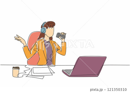 Continuous one line drawing young businesswoman sitting on a chair wearing headphones. Lazing around singing karaoke in the office. National Goof Off Day. Single line draw design vector illustration Continuous one line drawing young businesswoman sitting on a chair wearing headphones. Lazing around singing karaoke in the office. National Goof Off Day. Single line draw design vector illustration 121350310