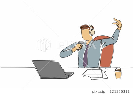 Single continuous line drawing businessman sitting on chair wearing headphones. Lazing around. Singing happily. Channeling hobbies. Exciting. National Goof Off Day. One line design vector illustration Single continuous line drawing businessman sitting on chair wearing headphones. Lazing around. Singing happily. Channeling hobbies. Exciting. National Goof Off Day. One line design vector illustration 121350311