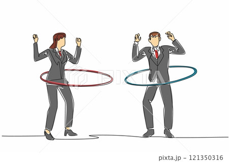 Single one line drawing businessman and businesswoman playing hula hoop. Ignore the piling work. Laze around playing in the office. National Goof Off Day. Continuous line design graphic illustration Single one line drawing businessman and businesswoman playing hula hoop. Ignore the piling work. Laze around playing in the office. National Goof Off Day. Continuous line design graphic illustration 121350316