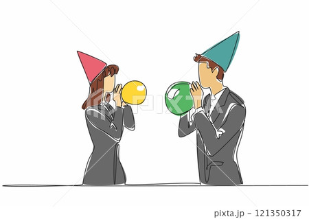 Single one line drawing businessman and businesswoman wearing party hats blowing up balloons. Top priority is celebration, not work. National Goof Off Day. Continuous line design graphic illustration 121350317