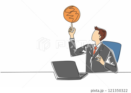 Single continuous line drawing businessman sitting in office chair spinning basketball on his finger. Forgetting work to play basketball. National Goof Off Day. One line design vector illustration 121350322