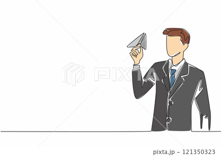 Single continuous line drawing businessman hold paper airplane and preparing to fly it. Childhood nostalgia is a great excuse to laze around. National Goof Off Day. One line design vector illustration 121350323