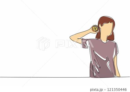 Single one line drawing woman hold orange cut in two with one hand. Invitation to live healthily. Eating lots of vitamin-rich fruit. National Vitamin C Day. Continuous line design graphic illustration 121350446