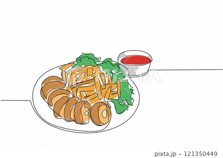 Continuous one line drawing chicken cordon bleu cut into several slices. Presentation that makes it easier for consumers. National Chicken Cordon Bleu Day. Single line draw design vector illustration 121350449