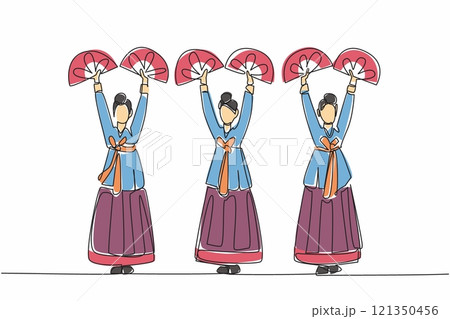 Single continuous line drawing 3 women wearing traditional Korean clothes are posing dancing. Ethnic dance. Performing dance at festival events. Fan Dance Day. One line design vector illustration Single continuous line drawing 3 women wearing traditional Korean clothes are posing dancing. Ethnic dance. Performing dance at festival events. Fan Dance Day. One line design vector illustration 121350456