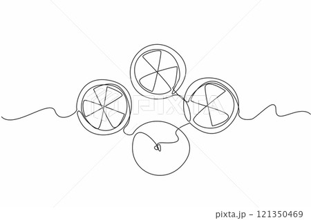 Continuous one line drawing one whole orange and three pieces of orange. Fulfilling daily vitamin C intake. Freshness during summer. National Vitamin C Day. Single line draw design vector illustration 121350469