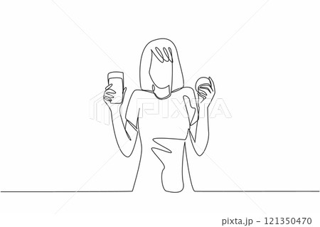 Single one line drawing woman holding whole orange and glass of orange juice. Unmatched freshness. Add ice for more enjoyment. National Vitamin C Day. Continuous line design graphic illustration Single one line drawing woman holding whole orange and glass of orange juice. Unmatched freshness. Add ice for more enjoyment. National Vitamin C Day. Continuous line design graphic illustration 121350470