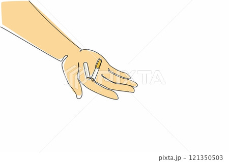 Continuous one line drawing a cigarette broken in the middle into 2 parts is placed on open palm. Showing unstoppable willpower. Smoking is very unhealthy. Single line draw design vector illustration Continuous one line drawing a cigarette broken in the middle into 2 parts is placed on open palm. Showing unstoppable willpower. Smoking is very unhealthy. Single line draw design vector illustration 121350503