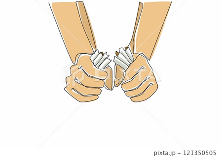 Single continuous line drawing two hands are breaking some cigarettes into 2 pieces. New awareness arises. Destroying the harmful substance nicotine. Stop smoking. One line design vector illustration Single continuous line drawing two hands are breaking some cigarettes into 2 pieces. New awareness arises. Destroying the harmful substance nicotine. Stop smoking. One line design vector illustration 121350505