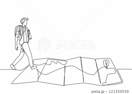 Continuous one line drawing a man with a backpack walks over a creased map. Enough supplies. Directions are there. Adventure. National Read a Road Map Day. Single line draw design vector illustration 121350559