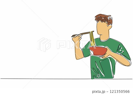 Single one line drawing man devouring ramen with chopsticks. Inhale the delicious aroma of ramen when lifted. A satisfying delicacy. National Ramen Day. Continuous line design graphic illustration Single one line drawing man devouring ramen with chopsticks. Inhale the delicious aroma of ramen when lifted. A satisfying delicacy. National Ramen Day. Continuous line design graphic illustration 121350566