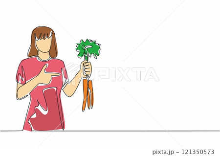 Continuous one line drawing woman holding some carrots with the tips of the leaves still thick. Source of vitamins and minerals. International Carrot Day. Single line draw design vector illustration 121350573