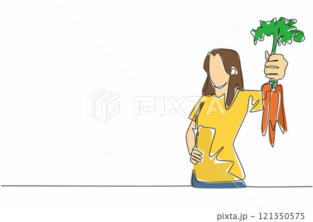 Single continuous line drawing woman holding some carrots with the tips of the leaves still thick. Showing the harvest. Good for health. International Carrot Day. One line design vector illustration 121350575