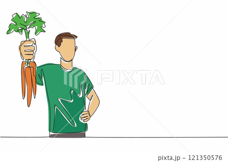 Single one line drawing man holding some carrots with the tips of the leaves still thick. Posing happily. A bountiful harvest. International Carrot Day. Continuous line design graphic illustration 121350576