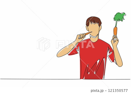 Continuous one line drawing man hold carrot and eating it. Eat straight away without boiling. Vitamin content is still complete. International Carrot Day. Single line draw design vector illustration 121350577