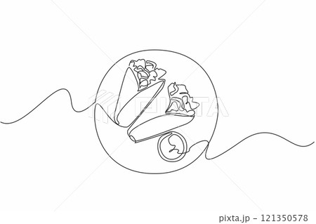 Single continuous line drawing two burritos on a plate and chili sauce in a small bowl. Food containing minced meat. Eaten while warm. Yummy. National Burrito Day. One line design vector illustration 121350578