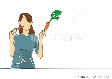 Single continuous line drawing woman in casual clothes hold carrot and eating it. Eaten immediately after harvest. Sweet and healthy. International Carrot Day. One line design vector illustration 121350579
