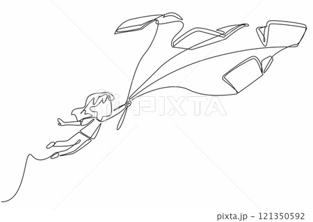 Single continuous line drawing a girl flies while holding a rope tied to 5 flying books. Interesting fairy tale storyline.  International of Children Book Day. One line design vector illustration 121350592