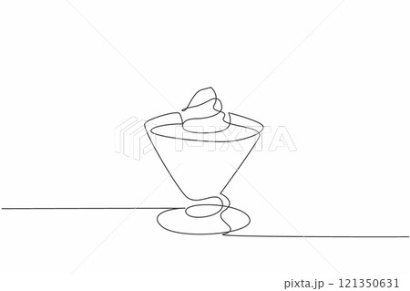 Single one line drawing one cone glass of chocolate mousse with whipped cream topping and raspberry. Perfect for summer. National Chocolate Mousse Day. Continuous line design graphic illustration Single one line drawing one cone glass of chocolate mousse with whipped cream topping and raspberry. Perfect for summer. National Chocolate Mousse Day. Continuous line design graphic illustration 121350631