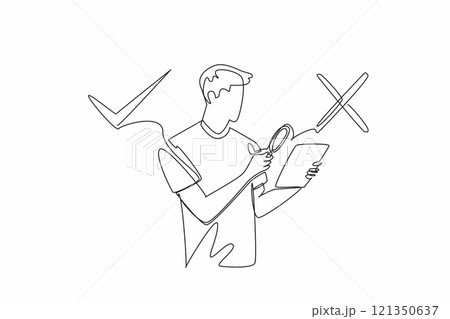 Continuous one line drawing a man points a magnifier at a tab he is holding. Checking the truth of the news. Avoiding hoax. International Fact-Checking Day. Single line draw design vector illustration 121350637