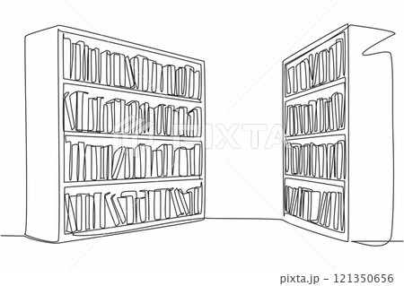 Single one line drawing two bookcases facing each other. One of the decoration corners in the library. Reading corner. Knowledge. National Library Day. Continuous line design graphic illustration 121350656