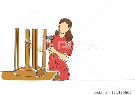Single one line drawing a woman is fixing a chair in an inverted position with hammer. Skill and precision. Individual techniques. Repair. National DIY Day. Continuous line design graphic illustration 121350663