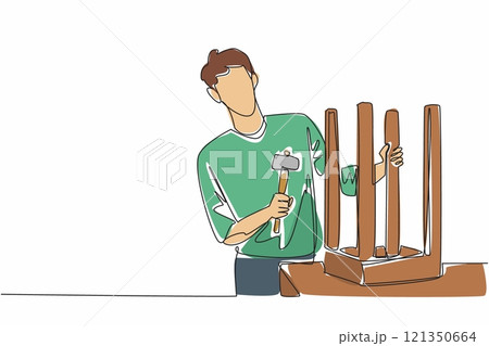 Continuous one line drawing a man fixing a chair in inverted position with hammer. Skill and patience. Becoming a skilled man. Repairing. National DIY Day. Single line draw design vector illustration 121350664