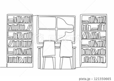 Continuous one line drawing reading chair and window in the middle of bookcase. Comfortable atmosphere to increase knowledge. Cozy. National Library Day. Single line draw design vector illustration Continuous one line drawing reading chair and window in the middle of bookcase. Comfortable atmosphere to increase knowledge. Cozy. National Library Day. Single line draw design vector illustration 121350665