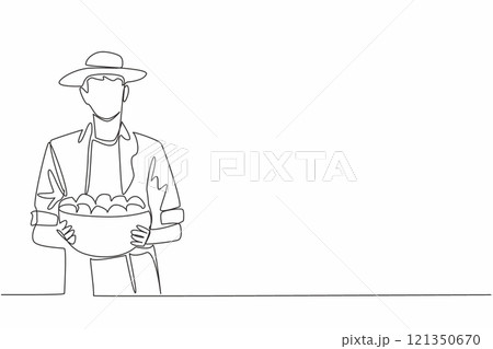 Single continuous line drawing a man wearing a hat carrying a container full of tomatoes. Bringing a satisfying harvest. Tomato farmer. Vitamin. Fresh Tomato Day. One line design vector illustration Single continuous line drawing a man wearing a hat carrying a container full of tomatoes. Bringing a satisfying harvest. Tomato farmer. Vitamin. Fresh Tomato Day. One line design vector illustration 121350670