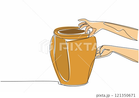Continuous one line drawing two hands making a vase. Made from clay with simplicity. Shape as desired with attention to aesthetics, National Handmade Day. Single line draw design vector illustration Continuous one line drawing two hands making a vase. Made from clay with simplicity. Shape as desired with attention to aesthetics, National Handmade Day. Single line draw design vector illustration 121350671
