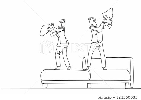 Continuous one line drawing young couple in pajamas standing on bed. Various ways to relieve longing. Husband and wife bond. International Pillow Fight Day. Single line draw design vector illustration 121350683