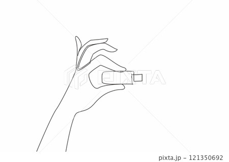 Single continuous line drawing hand is holding a flash drive. Has the largest storage media up to 1TB. Small things with many benefits. National Flash Drive Day. One line design vector illustration Single continuous line drawing hand is holding a flash drive. Has the largest storage media up to 1TB. Small things with many benefits. National Flash Drive Day. One line design vector illustration 121350692