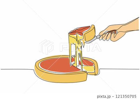 Continuous one line drawing deep dish pizza is lifted from a whole circle. Thick and tasty mozzarella. Yummy. Chicago style. National Deep Dish Pizza Day. Single line draw design vector illustration Continuous one line drawing deep dish pizza is lifted from a whole circle. Thick and tasty mozzarella. Yummy. Chicago style. National Deep Dish Pizza Day. Single line draw design vector illustration 121350705