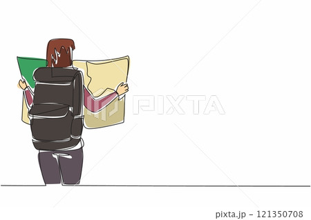 Single one line drawing a woman carrying large backpack while holding a large map. An exciting adventure is about to begin. National Read a Road Map Day. Continuous line design graphic illustration 121350708