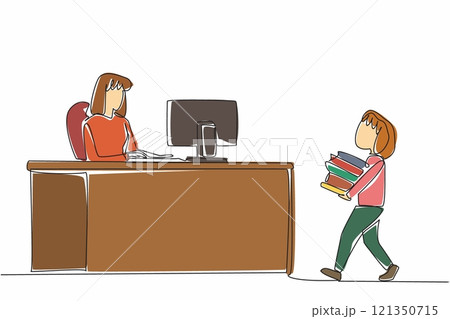 Continuous one line drawing girl carrying stack of books to female librarian. Record books before lending them. Occupation. National School Librarian Day. Single line draw design vector illustration 121350715