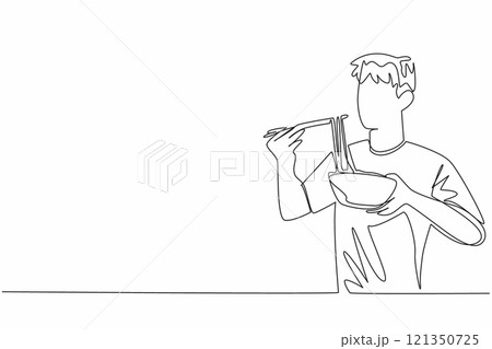 Single one line drawing man devouring ramen with chopsticks. Inhale the delicious aroma of ramen when lifted. A satisfying delicacy. National Ramen Day. Continuous line design graphic illustration 121350725