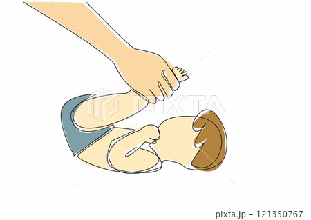 Single continuous line drawing baby massaged with both legs lifted. Stretching. Makes the baby more relaxed. Do it with warm baby oil. Affection. Baby Massage Day. One line design vector illustration Single continuous line drawing baby massaged with both legs lifted. Stretching. Makes the baby more relaxed. Do it with warm baby oil. Affection. Baby Massage Day. One line design vector illustration 121350767