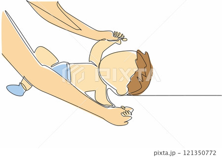 Single one line drawing hand of baby is lifted by his mother. Like doing warm-up movements. Stretching is needed for the little one. Love. Baby Massage Day. Continuous line design graphic illustration Single one line drawing hand of baby is lifted by his mother. Like doing warm-up movements. Stretching is needed for the little one. Love. Baby Massage Day. Continuous line design graphic illustration 121350772
