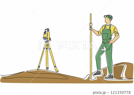 Continuous one line drawing man measures land using total station. New project plan. Measuring angles and distances. Theodolite. The expert. Geologists Day. Single line draw design vector illustration 121350778