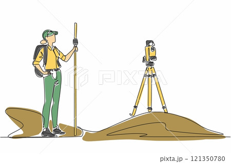 Continuous one line drawing a woman measures land using total station. The expert who is making the mapping. Measure angles automatically. Geologists Day. Single line draw design vector illustration 121350780