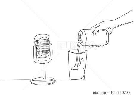 Single one line drawing hand pouring canned drink into glass with a mic. Creates a soothing sound effect when heard. Flowing softly. International ASMR Day. Continuous line design graphic illustration Single one line drawing hand pouring canned drink into glass with a mic. Creates a soothing sound effect when heard. Flowing softly. International ASMR Day. Continuous line design graphic illustration 121350788