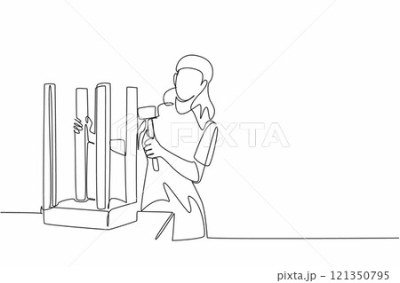 Single one line drawing a woman is fixing a chair in an inverted position with hammer. Skill and precision. Individual techniques. Repair. National DIY Day. Continuous line design graphic illustration 121350795