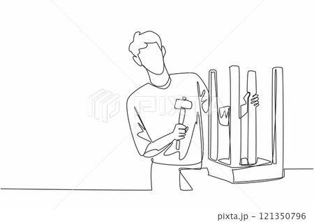 Continuous one line drawing a man fixing a chair in inverted position with hammer. Skill and patience. Becoming a skilled man. Repairing. National DIY Day. Single line draw design vector illustration 121350796