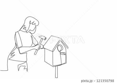 Single continuous line drawing a woman making a wooden birdhouse. Expressing creativity with tools. Home for new pets. Strong woman. Creative. National DIY Day. One line design vector illustration 121350798